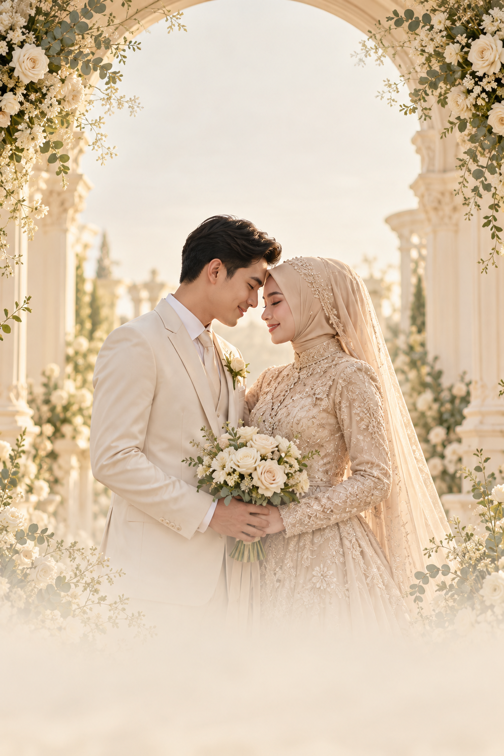 Ilustrasi pasangan dengan dekorasi floral ivory